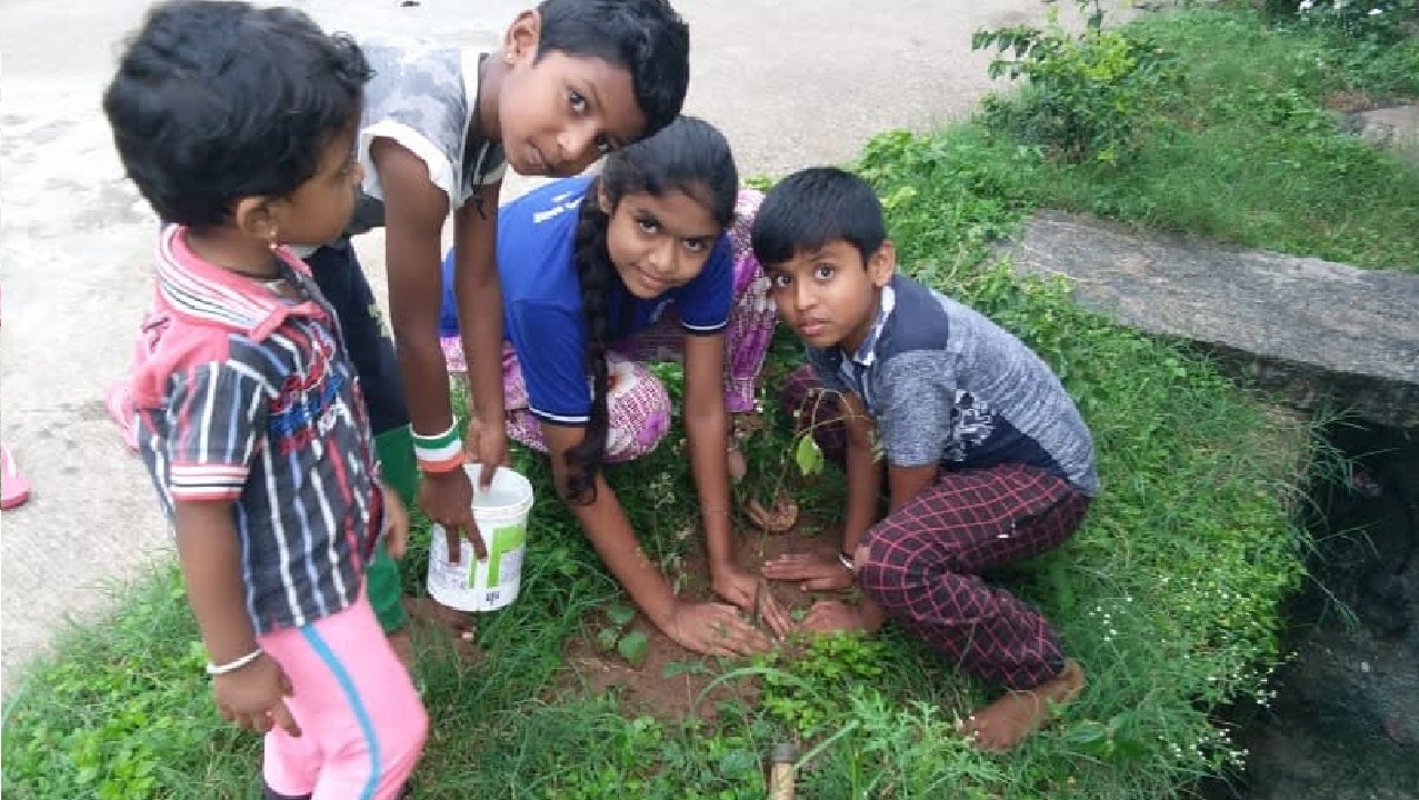 Children planting sapling on 15th August as a part of our Green Drive